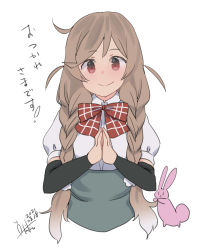 Rule 34 | 1girl, absurdres, blush, bow, bowtie, braid, closed mouth, dated, grey skirt, hair ornament, highres, inica, kantai collection, light brown hair, long hair, minegumo (kancolle), playing with hair, pleated skirt, rabbit, red bow, red bowtie, red eyes, shirt, signature, simple background, skirt, smile, solo, suspender skirt, suspenders, thank you, twin braids, upper body, white background, white shirt