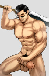 Rule 34 | 00s, 1boy, abs, artist name, auron, bara, final fantasy, final fantasy x, glasses, grey background, highres, hydaria, male focus, muscular, nude, over shoulder, pectorals, penis, simple background, solo, sunglasses, testicles, weapon, weapon over shoulder