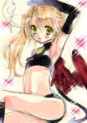 Rule 34 | 1girl, akuta rinko, arm up, armpits, black gloves, blonde hair, blush, cable, elbow gloves, gloves, long hair, looking at viewer, revealing clothes, side ponytail, solo, sparkle, thighs, yellow eyes