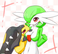 Rule 34 | angry, blush, breast envy, grabbing another&#039;s breast, creatures (company), fangs, game freak, gardevoir, gen 3 pokemon, grabbing, green hair, horns, kaceuth, mawile, nintendo, no humans, pokemon, pokemon (creature), red eyes, single horn, yuri