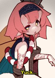Rule 34 | 1girl, absurdres, arm tattoo, bare shoulders, chocpocalypse, club, club (weapon), earrings, english text, eyeshadow, film grain, hairband, hand tattoo, highres, horns, jewelry, looking at viewer, makeup, nail polish, oni, oni horns, open mouth, original, pink hair, pointy ears, red eyeshadow, red nails, short eyebrows, short hair, solo, spiked club, spikes, talisman, tattoo, weapon, wide sleeves, yellow eyes