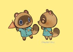 2boys animal artist_name ayu_(mog) blue_shirt clothed_animal collared_shirt animal_crossing english_text closed_eyes flag holding multiple_boys nintendo no_humans raccoon shirt simple_background smile timmy_(animal_crossing) tommy_(animal_crossing) yellow_background