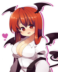 Rule 34 | 1girl, :d, bad id, bad pixiv id, bat wings, blush, breasts, cleavage, demon tail, dress shirt, fang, female focus, head wings, heart, impossible clothes, impossible shirt, koakuma, long hair, matatabi maru, no bra, open mouth, red eyes, red hair, shirt, shirt slip, smile, solo, tail, embodiment of scarlet devil, touhou, unbuttoned, upper body, vest, wings