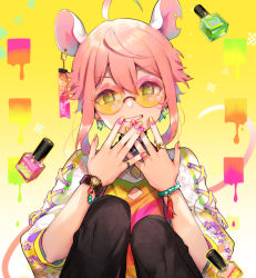 Rule 34 | 1girl, ahoge, animal ears, black pants, bracelet, commentary request, earrings, ensemble stars!, glint, green eyes, grin, hair between eyes, hands up, himemiya tori, itamidome, jewelry, knees up, looking at viewer, mouse ears, mouse girl, mouse tail, nail art, nail polish, nail polish bottle, notched ear, own hands together, pants, pink hair, puffy short sleeves, puffy sleeves, round eyewear, shirt, short sleeves, sidelocks, sitting, smile, solo, tail, watch, wristwatch, yellow background