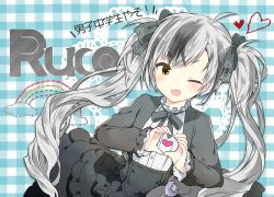 Rule 34 | 1boy, ;d, black bow, black hair, black jacket, black skirt, blush, bow, brown eyes, crescent, fang, frilled skirt, frills, grey hair, hair bow, heart, heart hands, jacket, kamiyoshi rika, layered skirt, long hair, long sleeves, looking at viewer, male focus, multicolored hair, nijisanji, one eye closed, open mouth, plaid, plaid background, shirt, skirt, sleeves past wrists, smile, solo, star (symbol), streaked hair, suzuki masaru, translation request, twintails, very long hair, virtual youtuber, white shirt