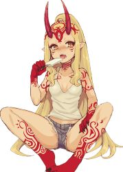 Rule 34 | 1girl, blonde hair, breasts, contemporary, cutoffs, denim, denim shorts, fangs, fate/grand order, fate (series), fingernails, food, hizuki aya, holding, holding food, horns, ibaraki douji (fate), ice cream, long fingernails, long hair, looking at viewer, oni horns, pointy ears, popsicle, sharp fingernails, short shorts, shorts, simple background, sitting, slit pupils, small breasts, solo, tank top, tattoo, tongue, tongue out, very long hair, white background, yellow eyes