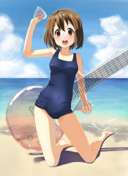Rule 34 | 1girl, asakura ryou (artist), barefoot, beach, blush, brown eyes, brown hair, day, guitar, hino minato (spec.c), hirasawa yui, inflatable toy, instrument, k-on!, one-piece swimsuit, open mouth, plectrum, round teeth, school swimsuit, short hair, solo, swimsuit, teeth