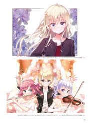 Rule 34 | 2019, 3girls, black jacket, blonde hair, blue eyes, blush, braid, breasts, cleavage, closed mouth, collarbone, detached sleeves, dress, floating hair, flower, hair between eyes, hair flower, hair ornament, highres, holding, holding instrument, holding violin, instrument, jacket, long hair, long sleeves, looking at viewer, medium breasts, mochizuki momiji, multiple girls, music, new game!, official art, open clothes, open jacket, page number, pink hair, playing instrument, purple eyes, silver hair, sleeveless, sleeveless dress, smile, straight hair, strapless, strapless dress, suzukaze aoba, tokunou shoutarou, very long hair, violin, white dress, white flower, white sleeves, yagami kou