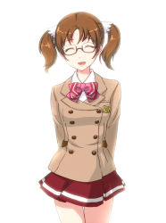 Rule 34 | 10s, 1girl, arms behind back, bad id, bad pixiv id, bowtie, brown hair, closed eyes, glasses, kakumeiki valvrave, ribbon, sakurai aina, school uniform, simple background, skirt, smile, solo, striped bow, striped bowtie, striped clothes, suguakiru, twintails, white background