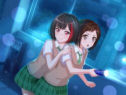 Rule 34 | 2girls, :o, artist request, bang dream!, black hair, blue background, blush, brown eyes, brown hair, brown sweater vest, brown vest, closed mouth, collarbone, collared shirt, commentary, diagonal-striped clothes, diagonal-striped necktie, dutch angle, fire extinguisher, flashlight, green necktie, green skirt, hallway, hand on another&#039;s arm, hazawa tsugumi, holding, holding flashlight, indoors, looking away, loose necktie, mitake ran, multicolored hair, multiple girls, necktie, night, official art, open collar, open mouth, plaid, plaid skirt, pleated skirt, purple eyes, red hair, scared, school, school uniform, shirt, short hair, short sleeves, skirt, streaked hair, striped clothes, sweater vest, translated, two-tone hair, vest, wavy mouth, white shirt, white skirt, window