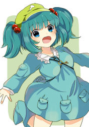 Rule 34 | 1girl, backpack, bag, blue eyes, blue hair, boots, breasts, dress, female focus, hair bobbles, hair ornament, hat, juu shoku (hanken aka), kawashiro nitori, key, long sleeves, matching hair/eyes, medium breasts, open mouth, short hair, smile, solo, toi (toiot), touhou, twintails, two side up