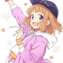 Rule 34 | 1girl, arm up, bead bracelet, beads, blue eyes, blue hat, blush, bracelet, breasts, brown hair, demirinz, floral background, from side, hand up, hat, hood, hood down, hoodie, idolmaster, idolmaster million live!, idolmaster million live! theater days, jewelry, long sleeves, looking at viewer, open clothes, open hoodie, open mouth, orange shirt, orange wristband, purple hoodie, shirt, short hair, small breasts, smile, solo, suou momoko, upper body, wavy hair, white background, white shirt