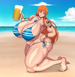 Rule 34 | 1girl, absurdres, alcohol, ass, barefoot, beach, beer, beer mug, bikini, bracelet, breasts, cleavage, curvy, earrings, female focus, full body, gigantic breasts, highres, huge ass, jewelry, licking lips, log pose, long hair, looking at viewer, micro bikini, mug, nami (one piece), necklace, one piece, orange eyes, orange hair, plump, shiny skin, shoulder tattoo, solo, sweat, swimsuit, tattoo, thick thighs, thighs, thong, thong bikini, tongue, tongue out, very long hair, wide hips, ponkotsu (robolobo4956)