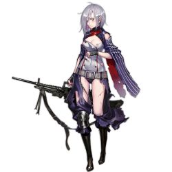 Rule 34 | 1girl, belt, black footwear, blood, blush, boots, breasts, buckle, buttons, chain, chaps, cleavage, cleavage cutout, clothing cutout, crotch cutout, eyebrows, fingerless gloves, full body, girls&#039; frontline, gloves, green eyes, grey hair, gun, hair between eyes, hair over one eye, hands on own chest, holding, holding gun, holding weapon, impossible clothes, impossible leotard, infukun, injury, knee boots, knee pads, large breasts, leotard, looking at viewer, machine gun, mg5 (girls&#039; frontline), nail polish, nose, official art, parted lips, revealing clothes, short hair, solo, standing, strap, striped, torn clothes, torn leotard, transparent background, weapon