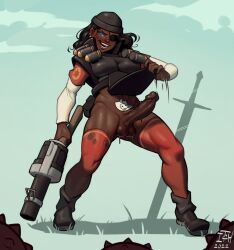 Rule 34 | 1futa, armor, beanie, black footwear, black hair, black hat, blue eyes, boobplate, boots, bottomless, breastplate, breasts, brown lips, bulletproof vest, claymore (sword), clothes lift, commentary, dark-skinned female, dark skin, demoman (tf2), earrings, english commentary, erection, explosive, eyelander, eyepatch, full body, futanari, genderswap, genderswap (mtf), grenade, grenade launcher, gun, hat, holding, holding gun, holding weapon, itch (itchy ears), jewelry, large breasts, large penis, lifting own clothes, long hair, long sleeves, looking at viewer, newhalf, no panties, nose, one-eyed, pelvic curtain, pelvic curtain lift, penis, planted, planted sword, planted weapon, precum, red demoman (tf2), red thighhighs, solo, standing, sticky note, sword, team fortress 2, teeth, testicles, thighhighs, torn clothes, torn thighhighs, uncensored, veins, veiny penis, very dark skin, weapon