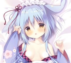 Rule 34 | 1girl, amairo chocolata, animal ears, arm up, bed sheet, blue hair, blue kimono, blush, breasts, brown eyes, censored, character request, commentary request, floral print, hair between eyes, hand up, japanese clothes, kimono, long hair, long sleeves, looking at viewer, lying, off shoulder, on back, open clothes, open kimono, parted lips, pinching sleeves, print kimono, rabbit ears, shiratama (shiratamaco), sleeves past wrists, small breasts, solo, upper body, wide sleeves