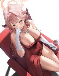 Rule 34 | 1girl, aru (blue archive), aru (dress) (blue archive), blue archive, breasts, cleavage, demon horns, dress, halo, highres, horns, large breasts, long hair, looking at viewer, lp, pink hair, red dress, simple background, smile, yellow eyes