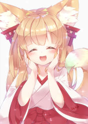 Rule 34 | 1girl, :d, ^ ^, animal ears, artist name, blush, brown hair, closed eyes, closed eyes, fox ears, fox tail, hakama, hakama skirt, hands on own cheeks, hands on own face, happy, japanese clothes, kimono, long hair, open mouth, oshiro project:re, oshiro project:re, red skirt, senko (oshiro project), shaneru, simple background, skirt, smile, solo, sparkle, tail, torii hair ornament, upper body, white background