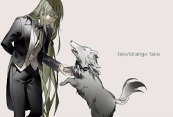 Rule 34 | 1boy, arm behind back, bow, bowtie, copyright name, enkidu (fate), closed eyes, fate/strange fake, fate (series), formal, gloves, green hair, holding paw, long hair, male focus, outstretched hand, redoxhn, suit, tuxedo, very long hair, white gloves, wolf, wolf (fate)