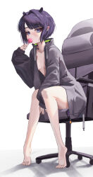 1girl absurdres alternate_costume barefoot between_legs black_jacket blue_eyes blunt_bangs breasts candy chair chupa_chups collarbone food hair_intakes hand_between_legs highres holding hololive hololive_english jacket lollipop long_sleeves looking_at_viewer naked_jacket ninomae_ina&#039;nis no_bra on_chair onzzy pointy_ears purple_hair short_hair small_breasts solo tentacle_hair tentacles tiptoes toes virtual_youtuber