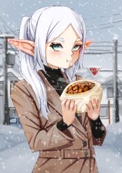 1girl brown_coat coat eating elf food frieren highres kaneko_ryou outdoors overcast pointy_ears power_lines sky snow snowing solo sousou_no_frieren steamed_bun turtleneck twintails urban utility_pole