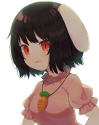 Rule 34 | 1girl, :3, animal ears, backlighting, black hair, carrot necklace, commentary, dress, eyebrows hidden by hair, floppy ears, frills, ikasoba, inaba tewi, necklace, pink dress, puffy short sleeves, puffy sleeves, rabbit ears, red eyes, short hair, short sleeves, simple background, solo, touhou, upper body, white background