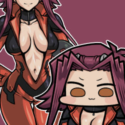 1girl black_choker bodysuit breasts breasts_apart brown_eyes cameltoe chibi choker cleavage collarbone commentary_request forehead gluteal_fold hair_ornament hands_on_own_hips izayoi_aki jazz_jack long_hair lowres medium_breasts navel no_bra nude open_bodysuit open_clothes parted_bangs red_background red_bodysuit red_hair solid_circle_eyes solo thigh_gap v-shaped_eyebrows yu-gi-oh! yu-gi-oh!_5d&#039;s