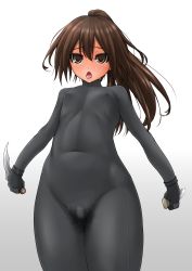 Rule 34 | 1girl, black bodysuit, black gloves, blush, bodysuit, breasts, brown eyes, brown hair, cameltoe, covered erect nipples, covered navel, cowboy shot, dagger, drooling, dual wielding, egg vibrator, female focus, full-face blush, gloves, gradient background, high ponytail, highres, holding, holding dagger, holding knife, holding weapon, knife, matching hair/eyes, open mouth, original, ponytail, pussy juice, saliva, sex toy, simple background, small breasts, solo, standing, sweat, tears, textless version, tongue, tongue out, tsunousagi (user ujyx8587), turtleneck, vibrator, vibrator under clothes, weapon, wet, wet clothes, white background