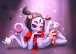 Rule 34 | 1girl, absurdres, bloomers, bow, breasts, colored skin, doughnut, extra arms, extra eyes, fangs, food, highres, arthropod girl, monster girl, muffet, purple eyes, purple skin, ribbon, silk, spider girl, spider web, tea, teapot, twintails, undertale, underwear