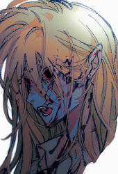 Rule 34 | 1girl, blonde hair, blood, blood in hair, blood on face, commentary request, dilated pupils, fangs, highres, long hair, naotin3333, open mouth, original, pointy ears, portrait, simple background, solo, white background