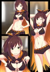 Rule 34 | 1girl, :d, :t, ;d, absurdres, armpits, arms behind head, arms up, belt, bikini, bikini top only, black bikini, black border, black cape, black shorts, blurry, blurry background, blush, border, breasts, brown hair, cape, cedric (gear art), cleavage, collarbone, commentary, cowboy shot, english commentary, green eyes, groin, hair between eyes, hair ribbon, hand on own hip, highres, jewelry, large breasts, leaning forward, long hair, looking at viewer, multi-tied hair, navel, necklace, one eye closed, open mouth, orange belt, orange cape, ponytail, pout, re:zero kara hajimeru isekai seikatsu, ribbon, shaula (re:zero), short shorts, shorts, sidelocks, smile, standing, stomach, swimsuit, symbol-shaped pupils, teeth, two-tone cape, upper teeth only