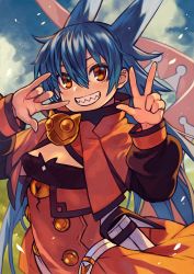 Rule 34 | 1girl, black capelet, blue hair, blue sky, breasts, capelet, cloud, dragon tail, eyebrows hidden by hair, fingernails, grin, hair between eyes, highres, long hair, long sleeves, multicolored capelet, multicolored tail, nail polish, orange capelet, orange eyes, orange nails, orange tail, original, outdoors, puffy long sleeves, puffy sleeves, ringed eyes, rumie, sharp teeth, sky, small breasts, smile, solo, tail, teeth, tiona, white tail