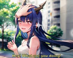 Rule 34 | 1girl, ai-assisted, arknights, bare shoulders, blue hair, blurry, blurry background, blush, breasts, ch&#039;en (arknights), disembodied hand, dragon horns, embarrassed, english text, hair between eyes, headpat, highres, horns, jewelry, lattekoi5252, long hair, looking at viewer, medium breasts, nose blush, open mouth, outdoors, pendant, red eyes, sidelocks, solo focus