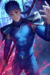 Rule 34 | 1boy, armor, blue hair, cu chulainn (fate), cu chulainn (fate/stay night), earrings, fate/grand order, fate/stay night, fate (series), gae bolg (fate), highres, holding, jewelry, long hair, male focus, paid reward available, pinup (style), polearm, ponytail, red eyes, paid reward available, smile, solo, spear, weapon, zarory