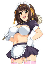 Rule 34 | 1girl, :d, absurdres, apron, blush, bra, breasts, brown eyes, brown hair, cameltoe, commentary request, cowboy shot, duster, frilled gloves, frills, garter straps, gloves, gluteal fold, hair ribbon, hand on own hip, haruhisky, highres, holding, holding duster, large breasts, looking at viewer, maid, maid apron, maid headdress, medium hair, miniskirt, navel, open mouth, paid reward available, panties, pantyshot, pink thighhighs, ribbon, short sleeves, shrug (clothing), simple background, skirt, smile, solo, stomach, suzumiya haruhi, suzumiya haruhi no yuuutsu, teeth, thighhighs, underwear, upper teeth only, white background, white bra, white gloves, yellow ribbon