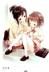Rule 34 | 2girls, absurdres, ahoge, bag, blush, breasts, brown eyes, brown hair, buriki, cardigan, cleavage, cream, crepe, food, fruit, hair ornament, hairclip, highres, jewelry, loafers, multiple girls, necklace, one eye closed, original, plaid, plaid skirt, school bag, school uniform, shoes, sitting, skirt, smile, strawberry, thighhighs, white thighhighs, wink