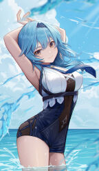 Rule 34 | 1girl, absurdres, adapted costume, armpits, arms behind head, arms up, black hairband, blue hair, blue necktie, blue sky, breasts, center opening, chest harness, chromatic aberration, cloud, cloudy sky, cowboy shot, eula (genshin impact), genshin impact, hair between eyes, hairband, harness, head tilt, high-waist shorts, highres, looking at viewer, medium breasts, medium hair, necktie, ocean, shorts, sidelocks, sky, sleeveless, smile, solo, splashing, sunlight, thighs, wading, water, water drop, yellow eyes, zx961219