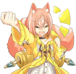 Rule 34 | &gt; &lt;, 10s, 1boy, animal ears, bare shoulders, buttons, cardigan, clenched hands, closed eyes, collar, facing viewer, foreshortening, hand up, lank, last period, male focus, open mouth, pink hair, simple background, smile, solo, tail, white background, ymir (last period)