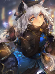 Rule 34 | 1girl, :o, absurdres, animal ear fluff, animal ears, arknights, bag, black capelet, black gloves, black hat, black skirt, blue dress, blurry, blurry background, breasts, capelet, depth of field, dress, fur-trimmed capelet, fur trim, gloves, grey eyes, grey hair, hair between eyes, hat, highres, long hair, long sleeves, looking at viewer, official alternate costume, parted lips, pramanix (arknights), pramanix (caster&#039;s frost) (arknights), skirt, small breasts, solo, tiger ears, trrcmb, very long hair
