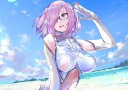 Rule 34 | 1girl, alternate costume, arm up, bare shoulders, black-framed eyewear, blue sky, bodysuit, breasts, clothing cutout, cloud, day, elbow gloves, fate/grand order, fate (series), glasses, gloves, hair over one eye, high collar, highres, horizon, kanasebench, large breasts, leotard, mash kyrielight, navel cutout, ocean, pink hair, purple eyes, shore, short hair, sky, sleeveless, sleeveless bodysuit, water, white bodysuit
