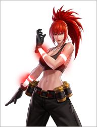 Rule 34 | 1girl, arm tattoo, belt, black gloves, breasts, cleavage, clenched hand, dark persona, dog tags, gas can, gloves, glowing, leona heidern, midriff, navel, official art, orochi leona, pants, ponytail, red eyes, red hair, simple background, snk, solo, tank top, tattoo, the king of fighters, the king of fighters all-stars, white background