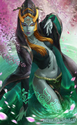 Rule 34 | 1girl, arm tattoo, bathing, blonde hair, blue skin, breasts, cape, cleavage, collarbone, colored sclera, colored skin, fantasy, forest, glowing, judash137, large breasts, legs, lips, long hair, magic, midna, midna (true), muscular, nature, navel, nintendo, open mouth, orange hair, outdoors, partially submerged, pink skin, red eyes, narrow waist, solo, swimsuit, tattoo, the legend of zelda, the legend of zelda: twilight princess, thick thighs, thighs, toned, topless, underwear, wide hips, yellow sclera