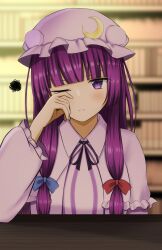 Rule 34 | 1girl, absurdres, annoyed, black ribbon, blue bow, blunt bangs, blurry, blurry background, blush, bookshelf, bow, commentary, dress, frilled sleeves, frills, frown, hair bow, hand up, hashtag-only commentary, hat, highres, indoors, long hair, long sleeves, looking at viewer, mob cap, neck ribbon, one eye closed, patchouli knowledge, puffy long sleeves, puffy sleeves, purple eyes, purple hair, purple hat, red bow, ribbon, rubbing eyes, sidelocks, solo, split mouth, squiggle, straight hair, striped clothes, striped dress, szl, touhou, tsurime, upper body, v-shaped eyebrows, vertical-striped clothes, vertical-striped dress
