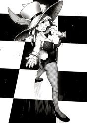 Rule 34 | 1girl, animal ears, ass, bare shoulders, bow, bowtie, breasts, character request, checkered floor, detached collar, fishnet pantyhose, fishnets, full body, greyscale, grin, hat, high heels, highleg, highleg leotard, highres, large breasts, leotard, looking at viewer, medium hair, monochrome, pantyhose, playboy bunny, puyo (puyotopia), rabbit ears, rabbit tail, smile, solo, spread legs, standing, strapless, strapless leotard, tail, top hat, wing collar, wrist cuffs