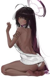 Rule 34 | 1girl, absurdres, ahoge, alternate costume, arm tattoo, ass, back, backless outfit, bare legs, barefoot, black hair, blue archive, blush, breasts, brown eyes, commentary, dark-skinned female, dark skin, feet, from behind, from side, full body, furrowed brow, gradient hair, halo, halterneck, highres, karin (blue archive), legs, lips, long hair, looking at viewer, looking back, medium breasts, meme attire, multicolored hair, no bra, number tattoo, panties, parted lips, purple hair, ribs, sideboob, signature, simple background, sitting, so shio, soles, solo, sweatdrop, sweater, tattoo, toes, turtleneck, turtleneck sweater, two-tone hair, underwear, very long hair, virgin killer sweater, white background, white panties, white sweater