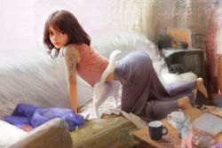 Rule 34 | 1girl, all fours, animal, arm tattoo, barefoot, brown eyes, brown hair, cat, coffee mug, couch, cup, earrings, from side, full body, highres, jewelry, long skirt, looking at viewer, looking to the side, medium hair, mu si (africas), mug, original, pink tank top, signature, skirt, sleeveless, solo, tank top, tattoo, white cat