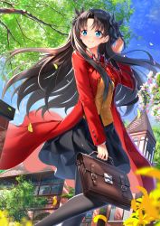 Rule 34 | 1girl, arm up, bag, black bow, black hair, black pantyhose, black skirt, blue eyes, blue sky, blurry, blurry foreground, blush, bow, breasts, briefcase, brown vest, building, closed mouth, cloud, collared shirt, commentary request, day, depth of field, fate/stay night, fate (series), flower, hair bow, highres, holding, holding bag, homurahara academy school uniform, jacket, long hair, looking away, looking to the side, medium breasts, open clothes, open jacket, outdoors, pantyhose, parted bangs, petals, pink flower, red bow, red jacket, school briefcase, school uniform, shirt, skirt, sky, smile, solo, standing, standing on one leg, swordsouls, tohsaka rin, tree, two side up, very long hair, vest, white flower, white shirt, window, yellow flower