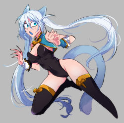 Rule 34 | :o, animal ears, bare shoulders, black leotard, black thighhighs, blue capelet, blue eyes, blue tongue, blush, breasts, cameltoe, capelet, cat ears, cat tail, claw pose, cleavage, colored tongue, covered navel, cropped legs, eyes visible through hair, gold trim, grey background, highres, kittysuit, large breasts, leotard, long hair, looking away, looking to the side, messy hair, mismatched wrist cuffs, mo2p seira, nontraditional playboy bunny, open mouth, original, playboy bunny, short eyebrows, sideboob, sidelocks, signature, simple background, sleeveless, solo, swept bangs, tail, thighhighs, tight clothes, very long hair, white hair, white tail, wrist cuffs, yun ying (mo2p seira)