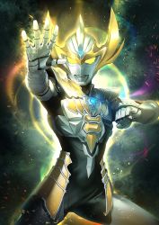Rule 34 | 1boy, alternate costume, armor, aura, black bodysuit, bodysuit, boots, breastplate, chest armor, clenched hand, commentary request, cowboy shot, cropped legs, gauntlets, giant, gold armor, gold horns, highres, horns, light, male focus, official alternate costume, open hand, orb, science fiction, silver footwear, soupchan, space, taiga photon earth, thigh boots, tokusatsu, ultra series, ultraman taiga, ultraman taiga (series), universe, yellow eyes