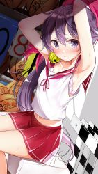 Rule 34 | 1girl, absurdres, akebono (kancolle), armpits, arms behind head, arms up, ball, basketball, basketball (object), bell, bra, bra peek, collarbone, commentary request, cowboy shot, dutch angle, flower, gym storeroom, hair bell, hair flower, hair ornament, hamaken. (novelize), highres, jingle bell, kantai collection, long hair, looking at viewer, midriff, pink bra, pleated skirt, purple eyes, purple hair, red sailor collar, red skirt, sailor collar, sailor shirt, school uniform, serafuku, shirt, side ponytail, sitting, skirt, sleeveless, sleeveless shirt, solo, underwear, very long hair